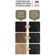 Cargar imagen en el visor de la galería, ONC 5N Natural Light Brown Hair Dye With Organic Ingredients 120 mL / 4 fl. oz. Color Results
